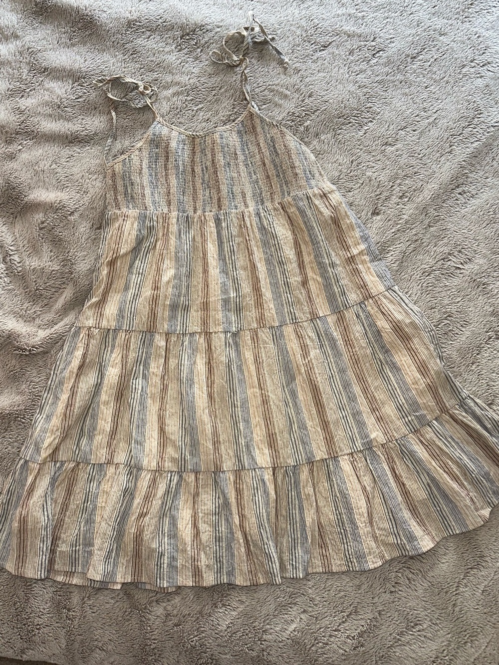 Smocked Light Blue and Cream Striped Tiered Dress